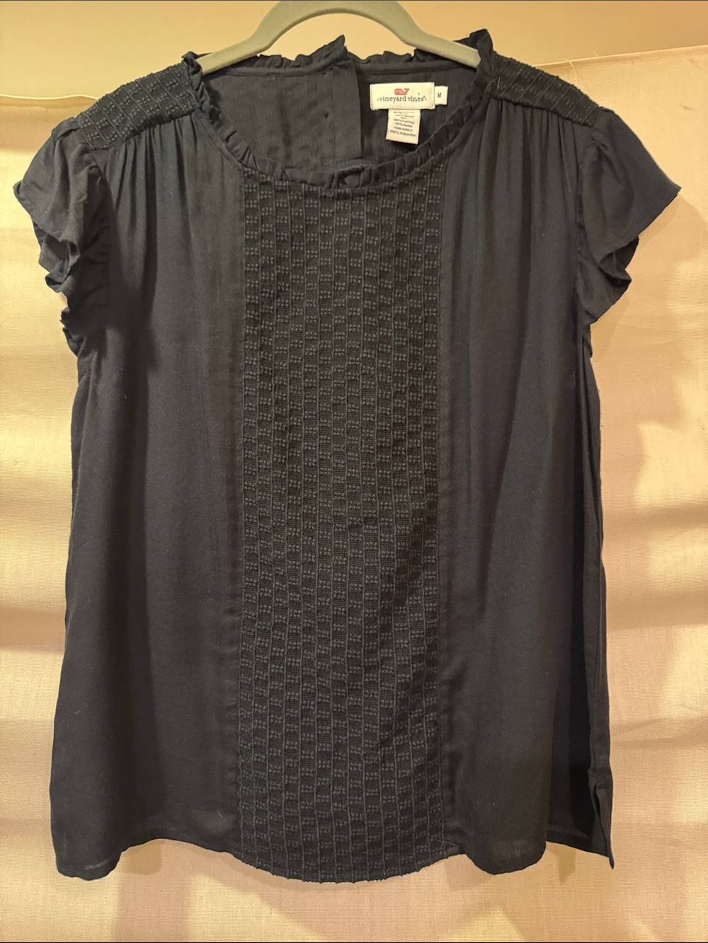 Vineyard Vines Black Textured Panel Flutter Sleeve Blouse Size M
